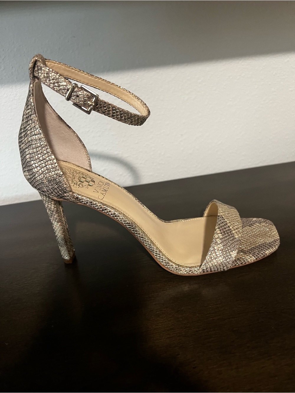 Vince Camuto Metallic Snake-Embossed Ankle Strap Stiletto Heels 8.5